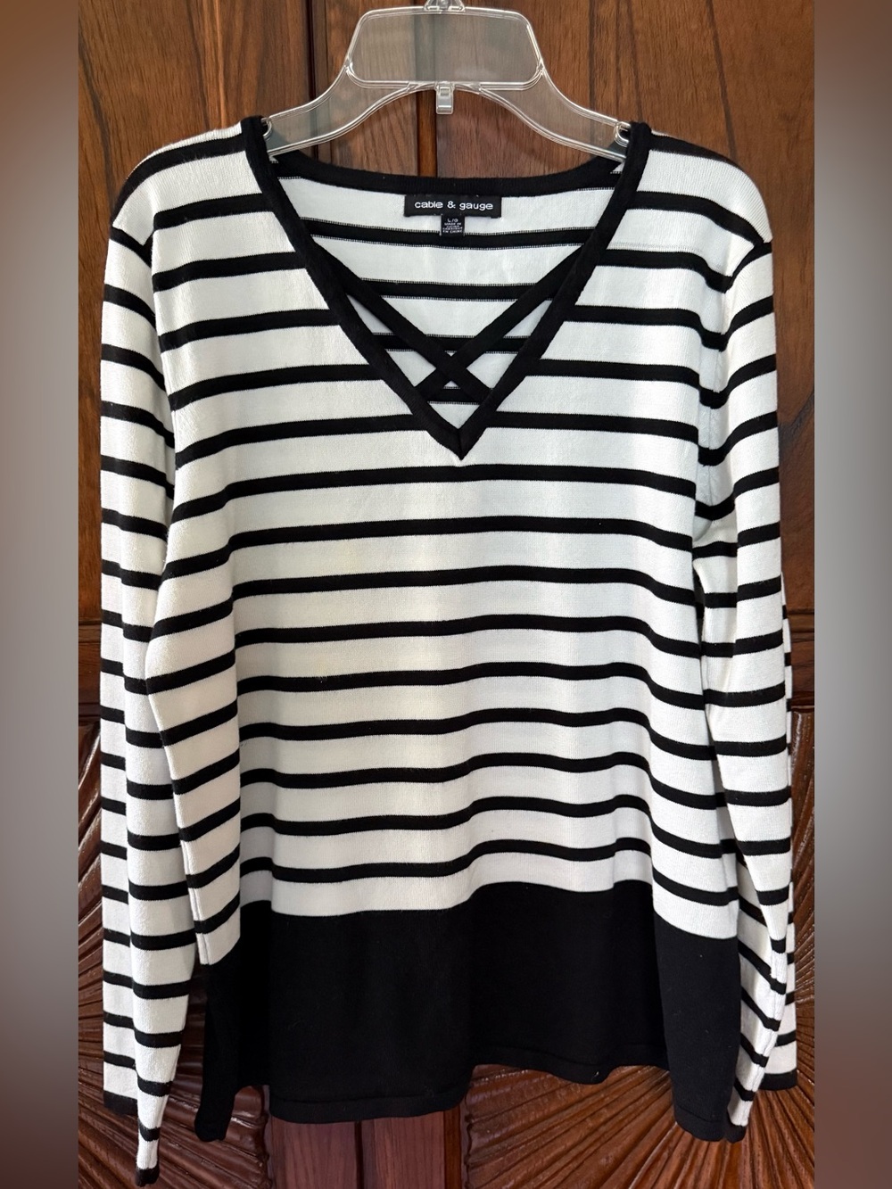 Cable & Gauge Black & White Striped V-Neck Sweater with Crisscross Detail